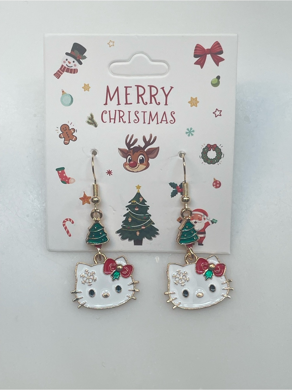 Hello Kitty Christmas Dangle Earrings with Green Tree Charm